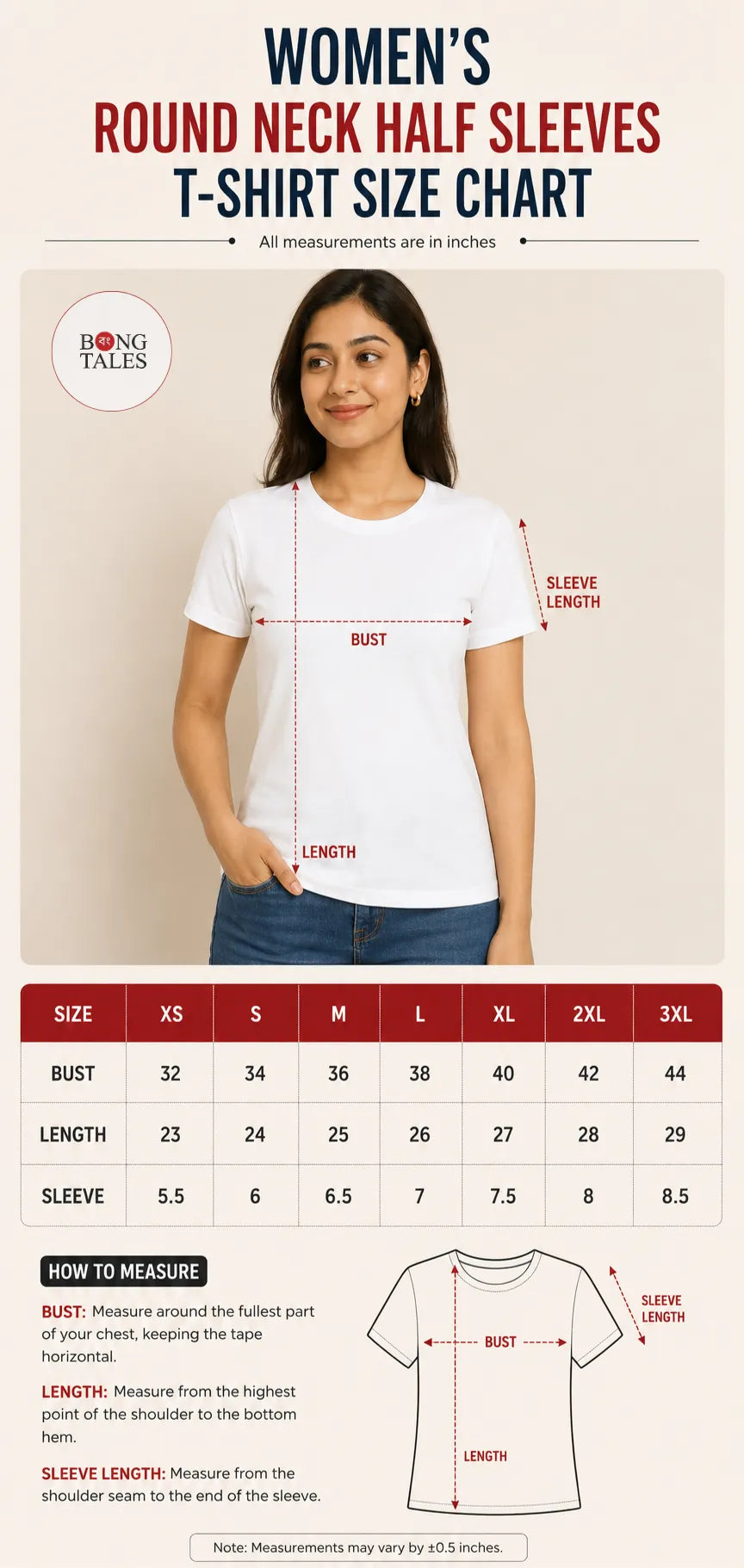 A women's round neck half sleeves T-shirt size chart infographic by Bong Tales, featuring a model wearing a white T-shirt with red measurement lines indicating bust, sleeve length, and sleeve. Includes a size table from XS to 3XL and a measurement guide diagram.