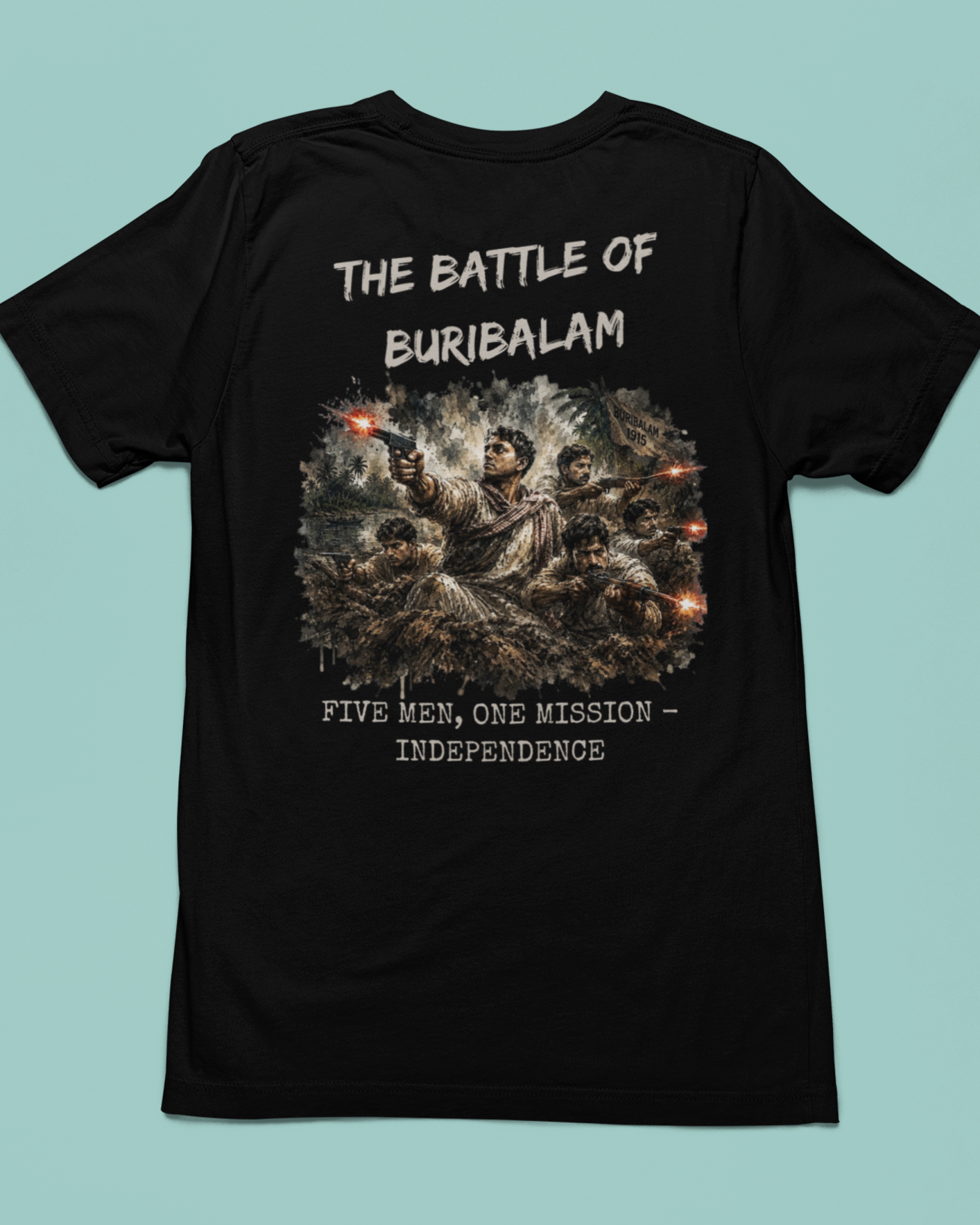 A black short-sleeve t-shirt shown from the back, featuring a graphic print of the Battle of Buribalam with soldiers and explosions, and text reading 'THE BATTLE OF BURIBALAM' and 'FIVE MEN, ONE MISSION - INDEPENDENCE'. The shirt is displayed against a solid light teal background.
