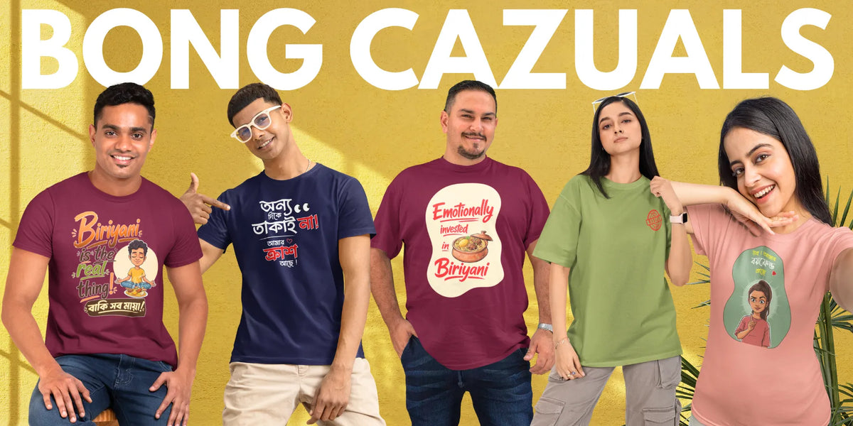 Five models wearing different casual graphic t-shirts are shown against a bright yellow background with the text 'BONG CAZUALS' at the top. The shirts feature various colorful designs and prints in maroon, navy blue, white, green, and pink.