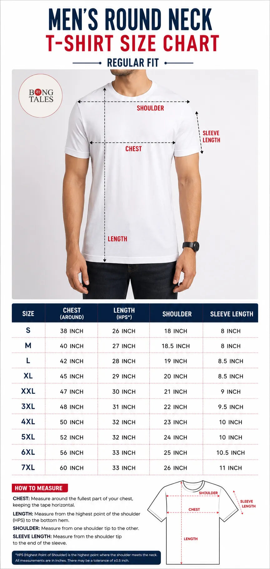A men's round neck T-shirt size chart graphic from BorgTales, showing a male model wearing a white T-shirt with measurement lines and labels for shoulder, chest, and sleeve length. The chart includes a size table from S to 7XL and a small diagram illustrating how to measure the shirt.