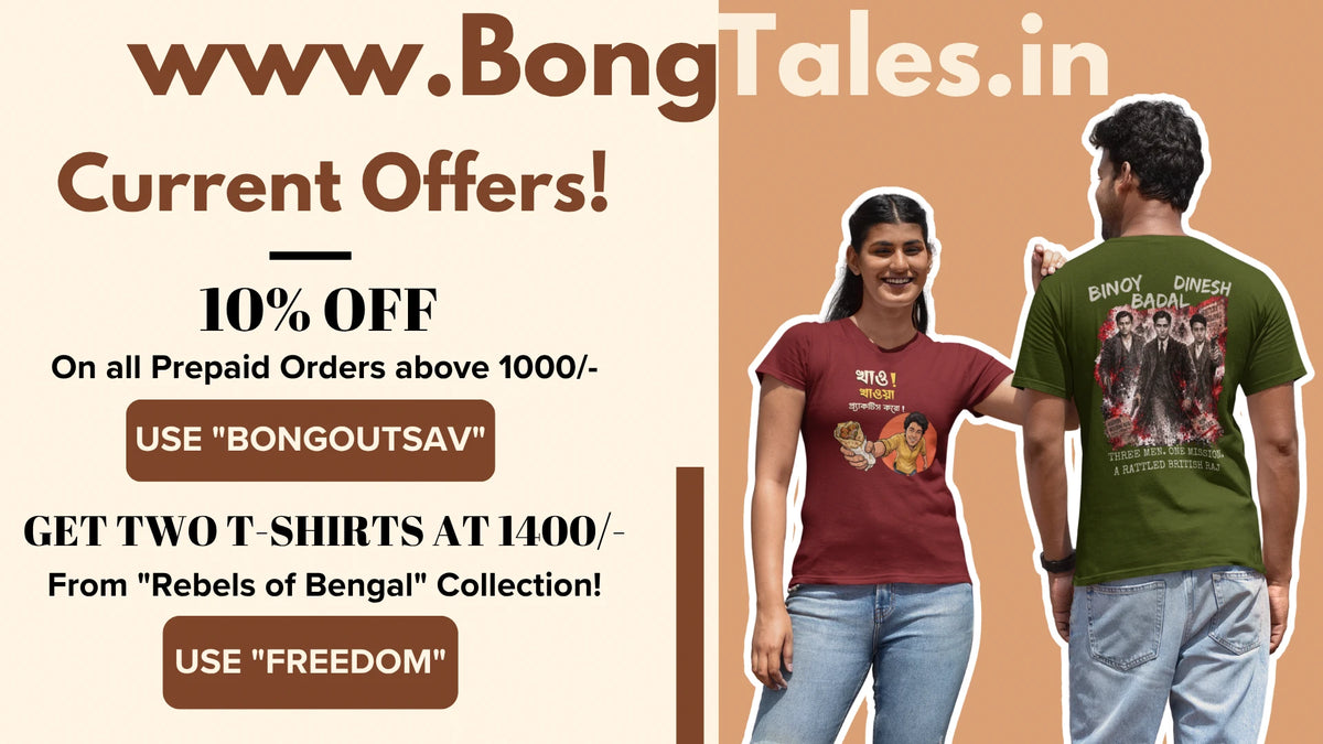 Promotional banner for BongTales.in showing two models wearing t-shirts.