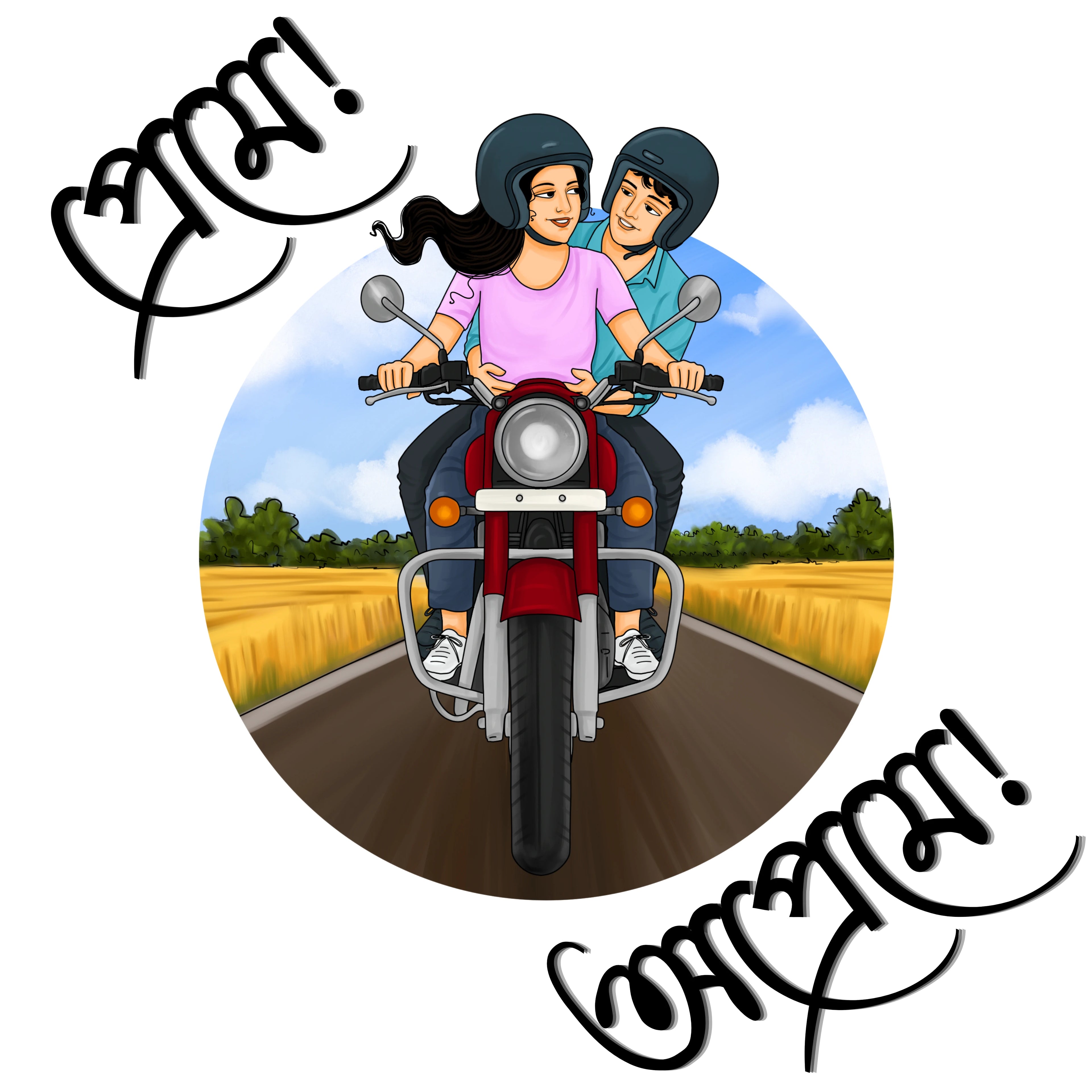 A circular cartoon illustration of a woman and a man riding a red motorcycle on a road, with stylized black script text in Bengali the top-left and bottom-right corners on a white background.