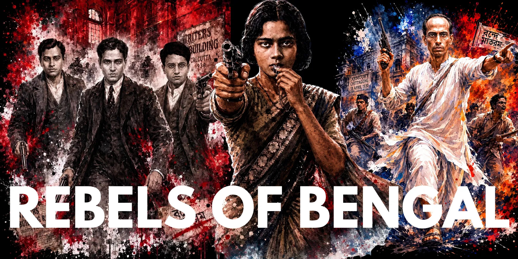Poster-style artwork for the film 'Rebels of Bengal' showing multiple characters in dramatic action poses, with large white title text across the bottom and a dark, fiery, splatter-textured background.