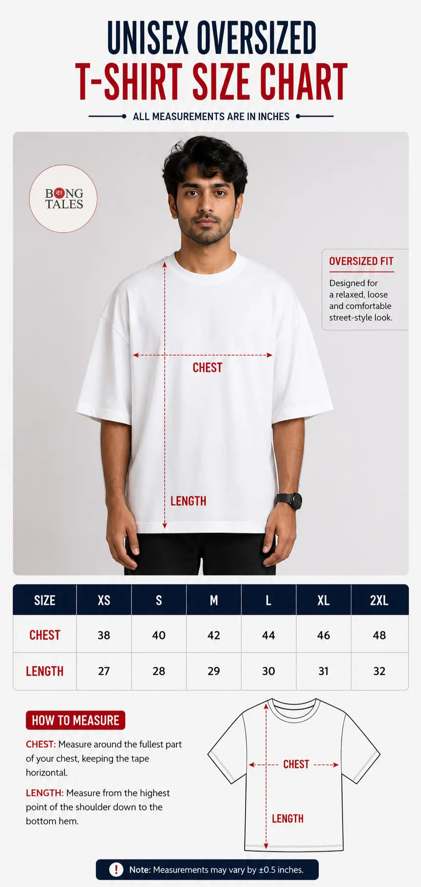 A unisex oversized T-shirt size chart infographic from Boing Boing Tales, showing a male model wearing a white T-shirt with red measurement lines indicating chest and length, plus a size table from XS to 2XL and a line drawing of a T-shirt with measurement guides.
